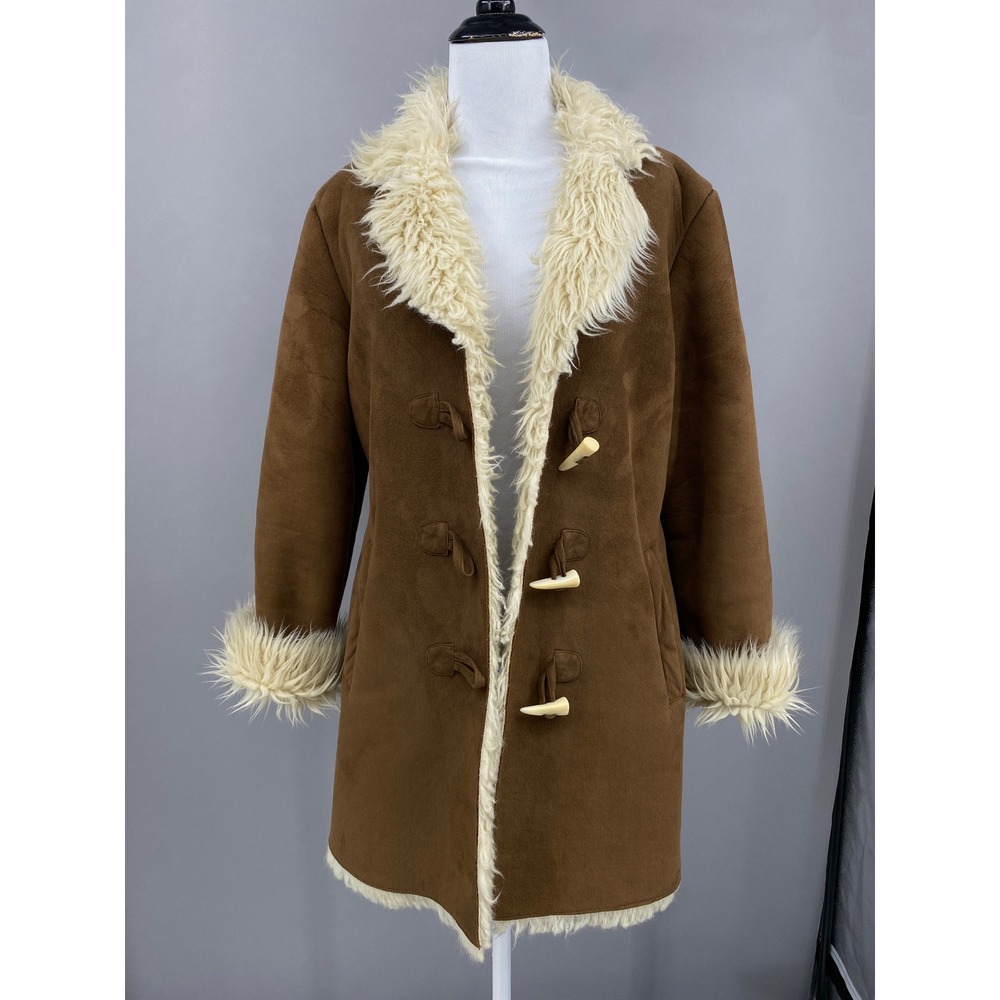 Y2K Faux Suede Shearling Coat Women Size M Brown Toggle Afghan Penny Lane Jacket